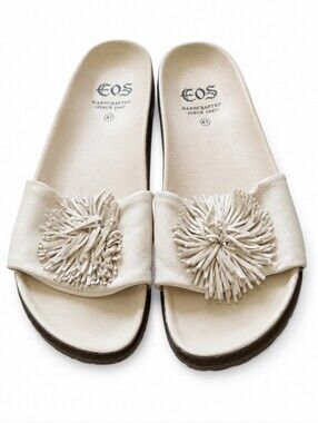 EOS Women's Leather Slide Sandals Size 41 EU Cream Leather Tassel Fringe Comfort